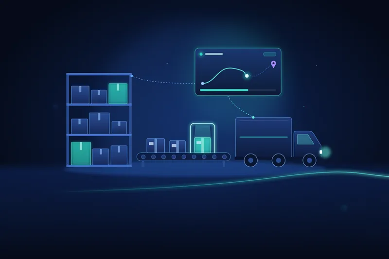 Warehouse shelving, a parcel conveyor, a delivery truck and a live route tracking panel