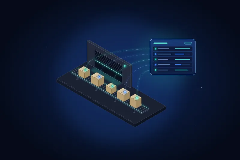 Parcels on a conveyor scanned into a live tracking panel
