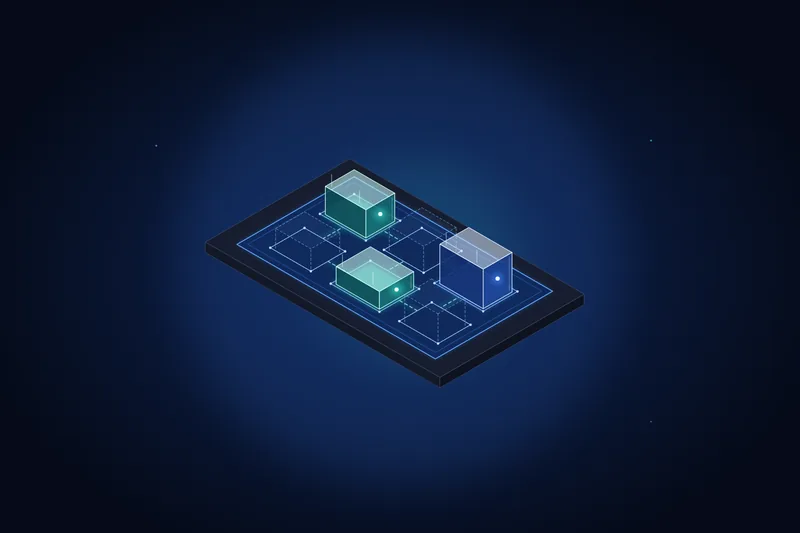A blueprint grid on a dark platform with three glass system modules placed on it