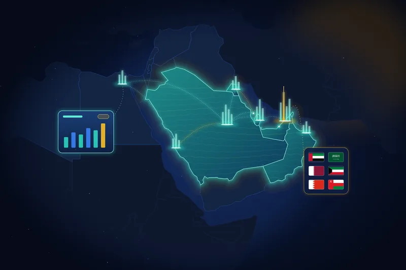 Map of the Gulf region with activity markers, a growth chart and Gulf country flags