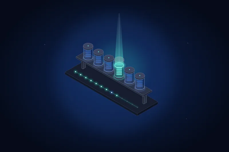 A row of data cylinders, one lifted into a narrow beam of light for controlled access