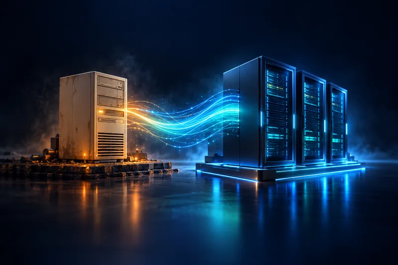 An older server connected by a light bridge to a modern server row