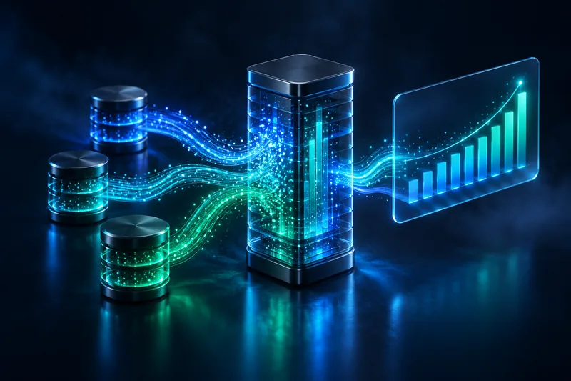 Data streams flowing into a dashboard of rising charts