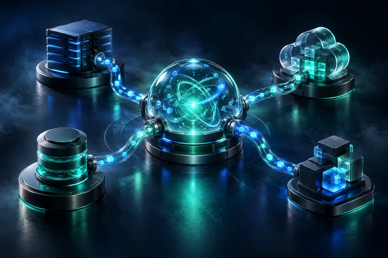 A central hub connecting four systems with moving data