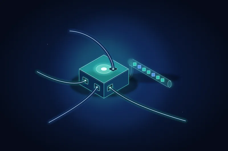 A central integration hub with connections coming in from several systems and a stream of events leaving it