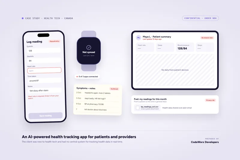 Illustration of the starting point: readings typed by hand, devices not syncing, symptom notes and a provider view with no patient data