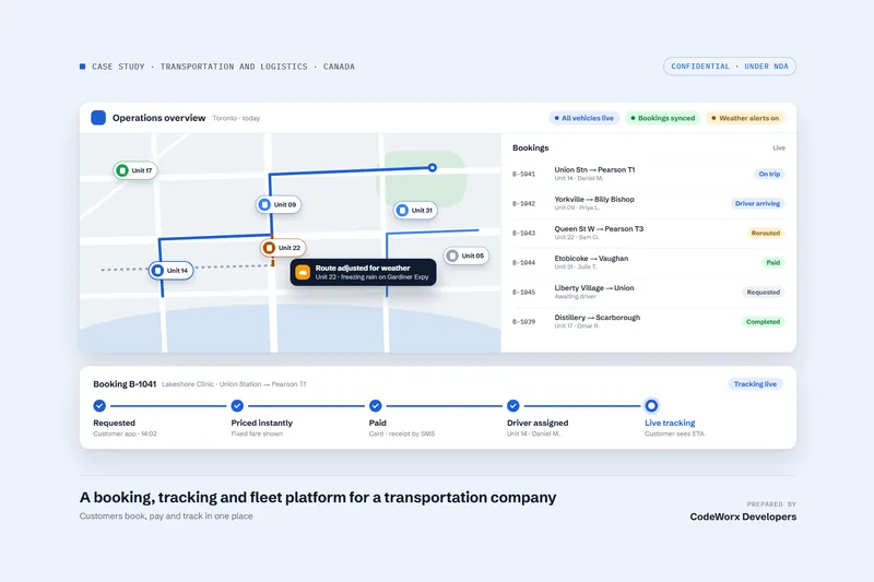 Illustration of the operations overview: vehicles live on the map, a route adjusted for weather and each booking tracked from request to live tracking